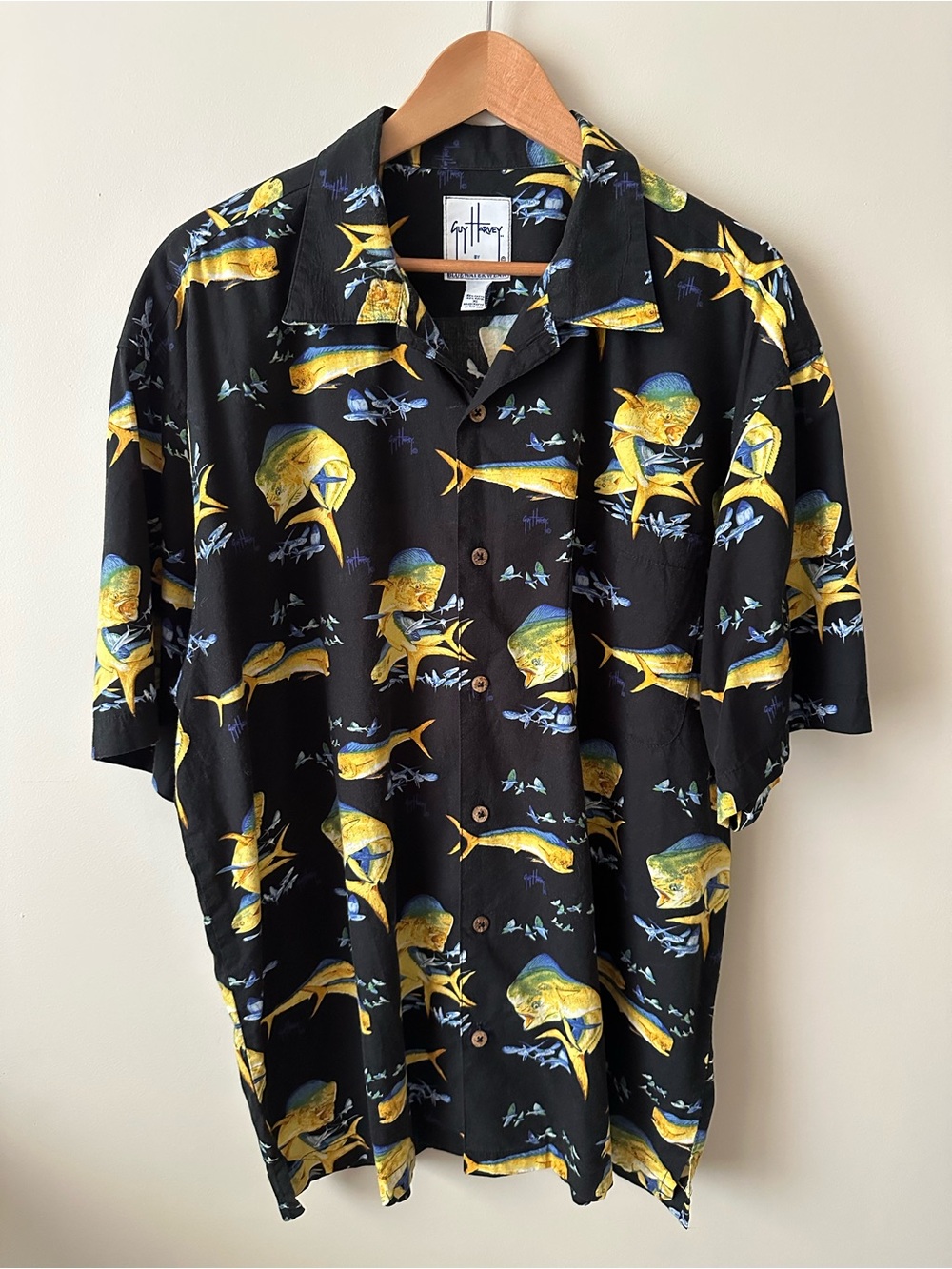 Guy Harvey Vintage Black Short-Sleeve Shirt with Yellow & Blue Mahi Print